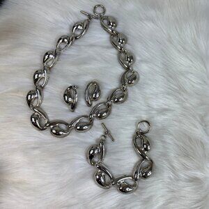Vintage Modern Silver-Plated Demi Parure Necklace, Bracelet & Earrings 3 Pc Set